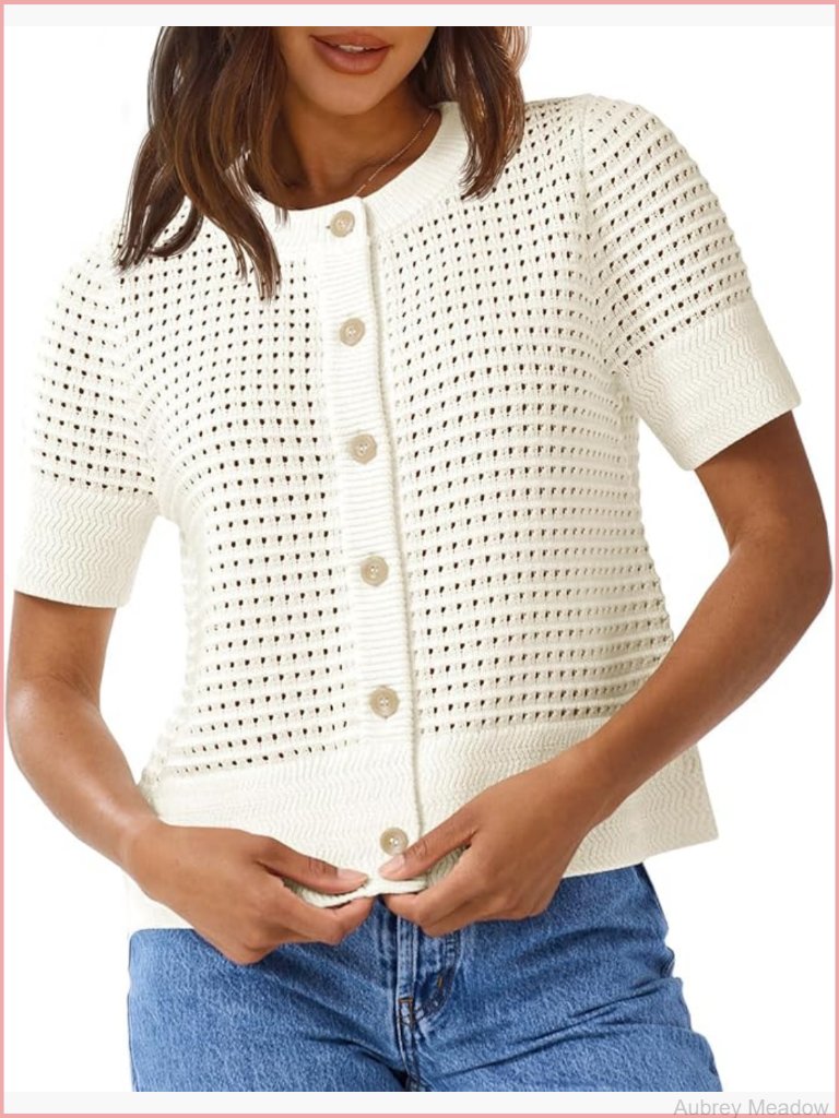 Crochet Short Sleeve Cardigan Button Up Crew Neck Knit Sweater